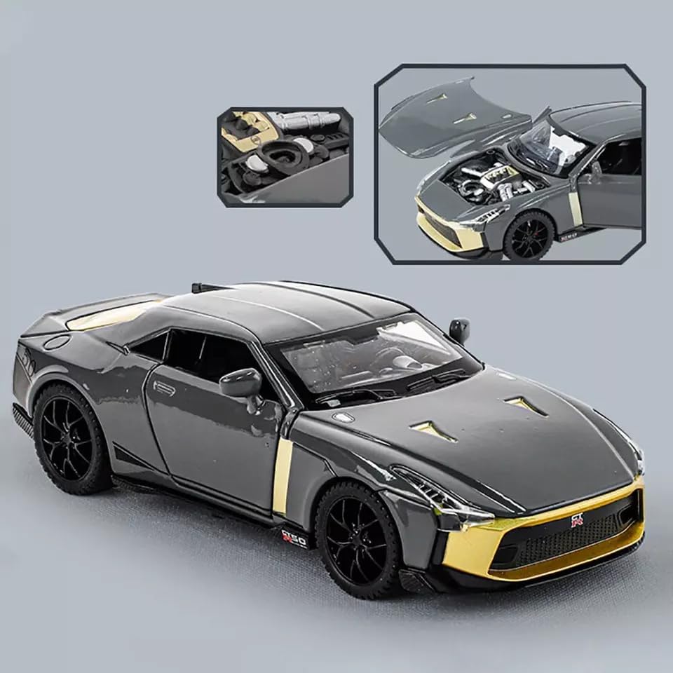 Image of Exclusive Alloy Metal Pull Back Die-Cast Car Diecast Metal Pullback Toy Car with Openable 6 Doors,Light Music Boys Gifts Toys (1:32 Nissan GTR R50- Multicolor)