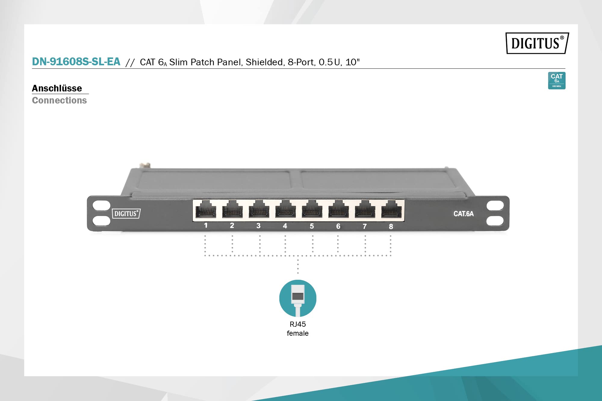 DIGITUS Panel de conexión Cat-6A - 8 Puertos - Montaje en Rack de 10 Pulgadas 0,5 U - Blindado - Conectores RJ45-10GBase-T - Panel de distribución LSA - Negro