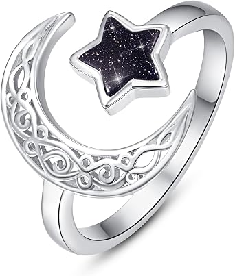 KINGWHYTE 925 Sterling Silver Moon Star Ring for Women Moonstone Adjustable Rings Celestial Jewellery Gift for Girls Mom Grandmother Girlfriend