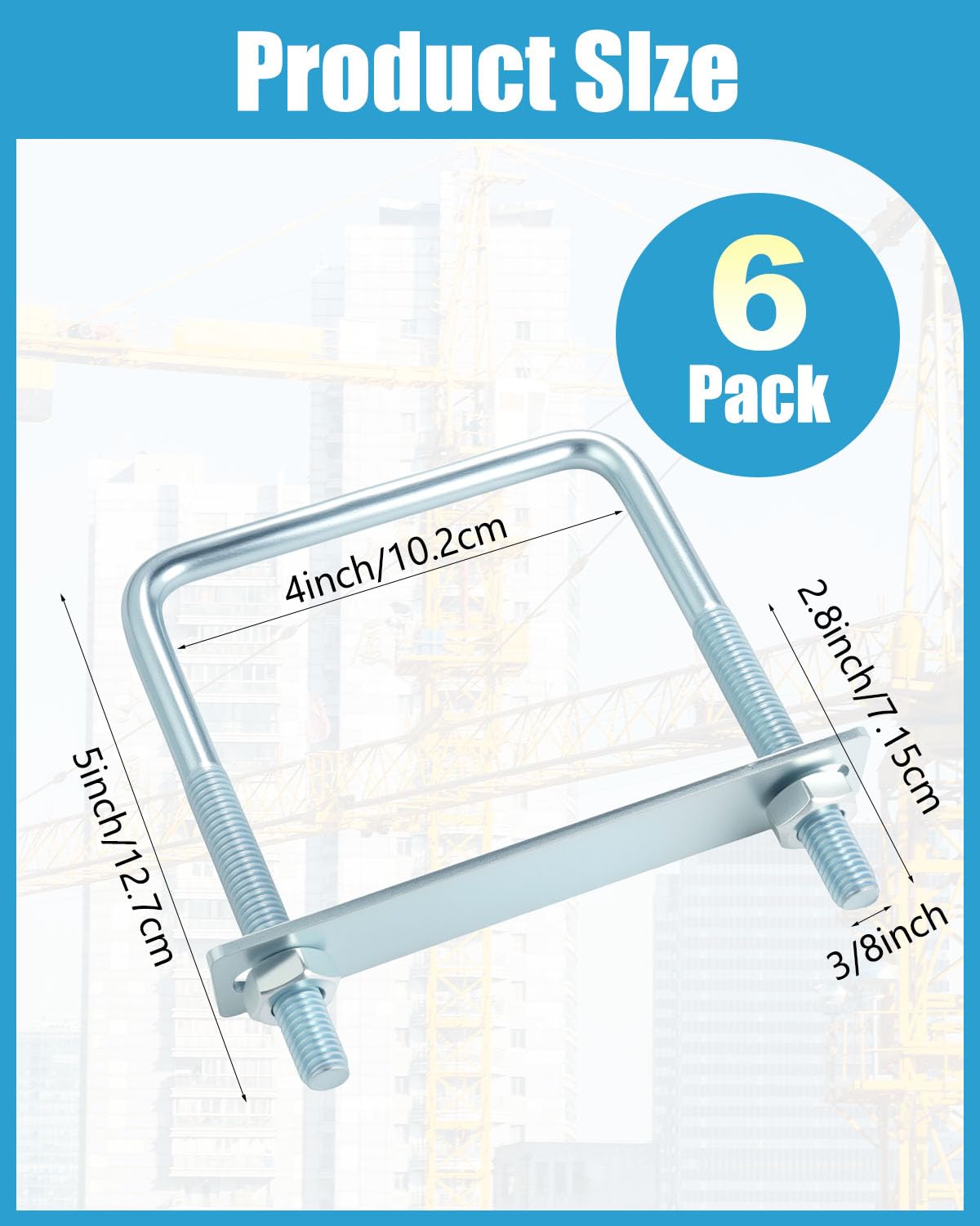Zinc Plated U-Bolts - 6 Pack, 3/8" x 4" -2