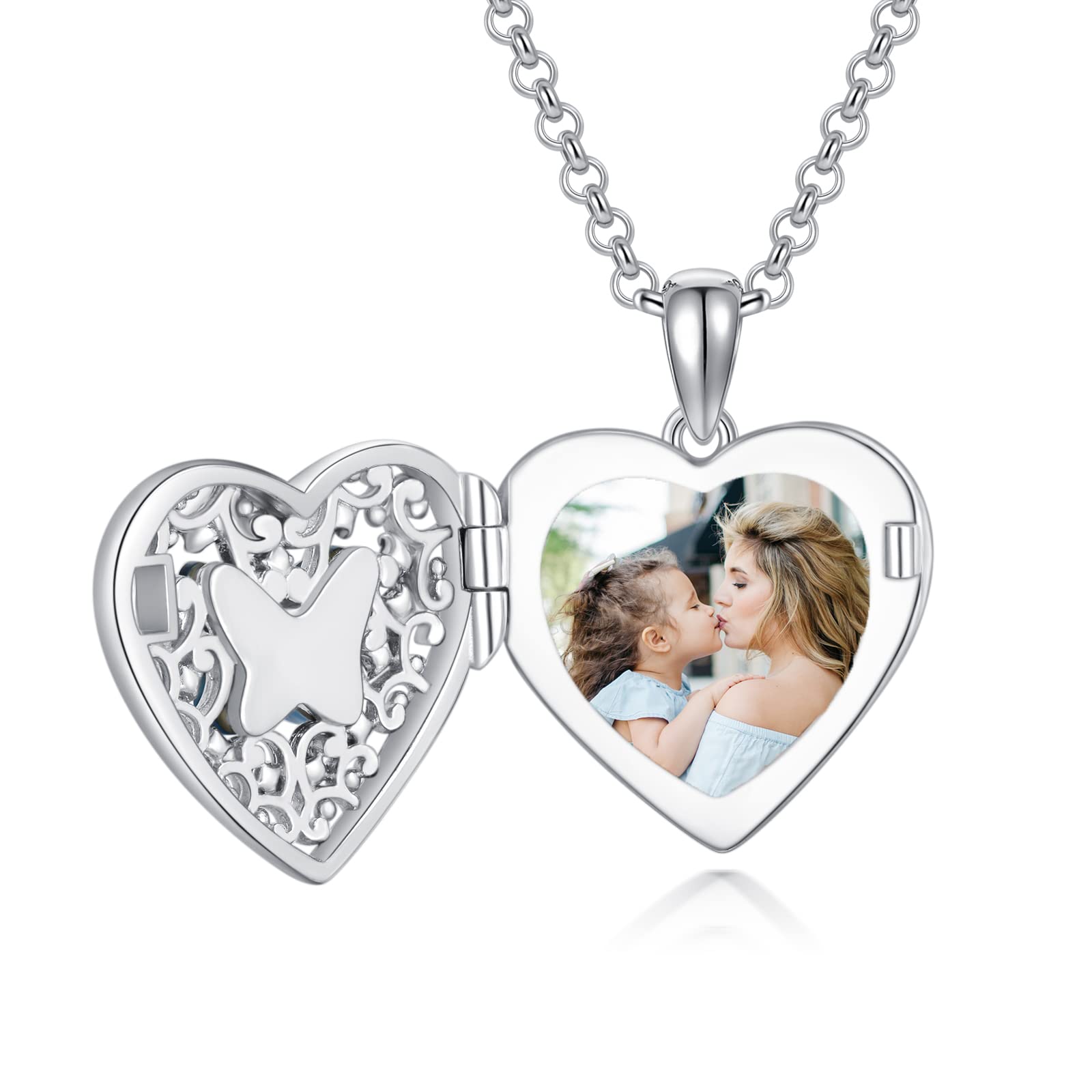 Dorunmo Médaillon en forme de cœur pour 1 photo en argent 925 avec cristal papillon avec chaîne de 45 cm avec emballage cadeau élégant pour femme, petite amie, maman, Saint-Valentin, fête, Noël, Base