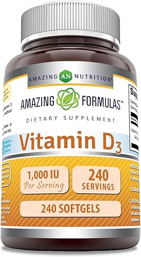 Amazing Formulas Suplemento de vitamina D3 | 1000 UI | 240 cápsulas blandas | Sin OMG | Sin gluten | Fabricado en Estados Unidos