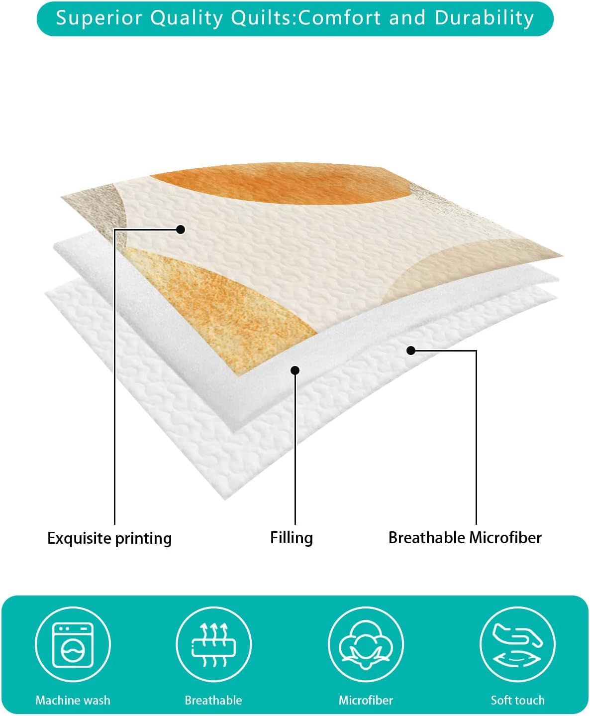 Full Size Quilt Set, Bohemian Gold Color Block Lightweight Bedspread Coverlet Set Soft Microfiber Summer Quilt with 2 Pillow Shams, Minimalist Nordic Art 3 Piece Comforter Bedding Set