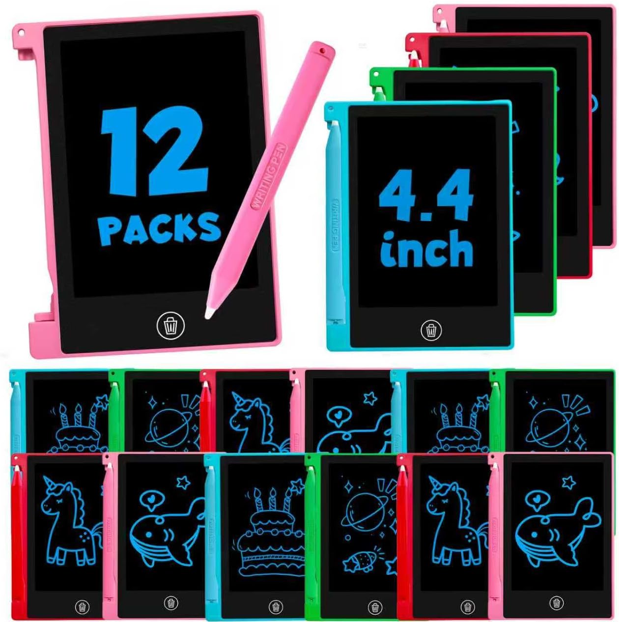 12 Pack 4.4 Inch Mini LCD Writing Tablet for Kids, Erasable and Reusable Toddler Doodle Board, Ideal School or Party Favors Gift for Age 3 Years Old and Above