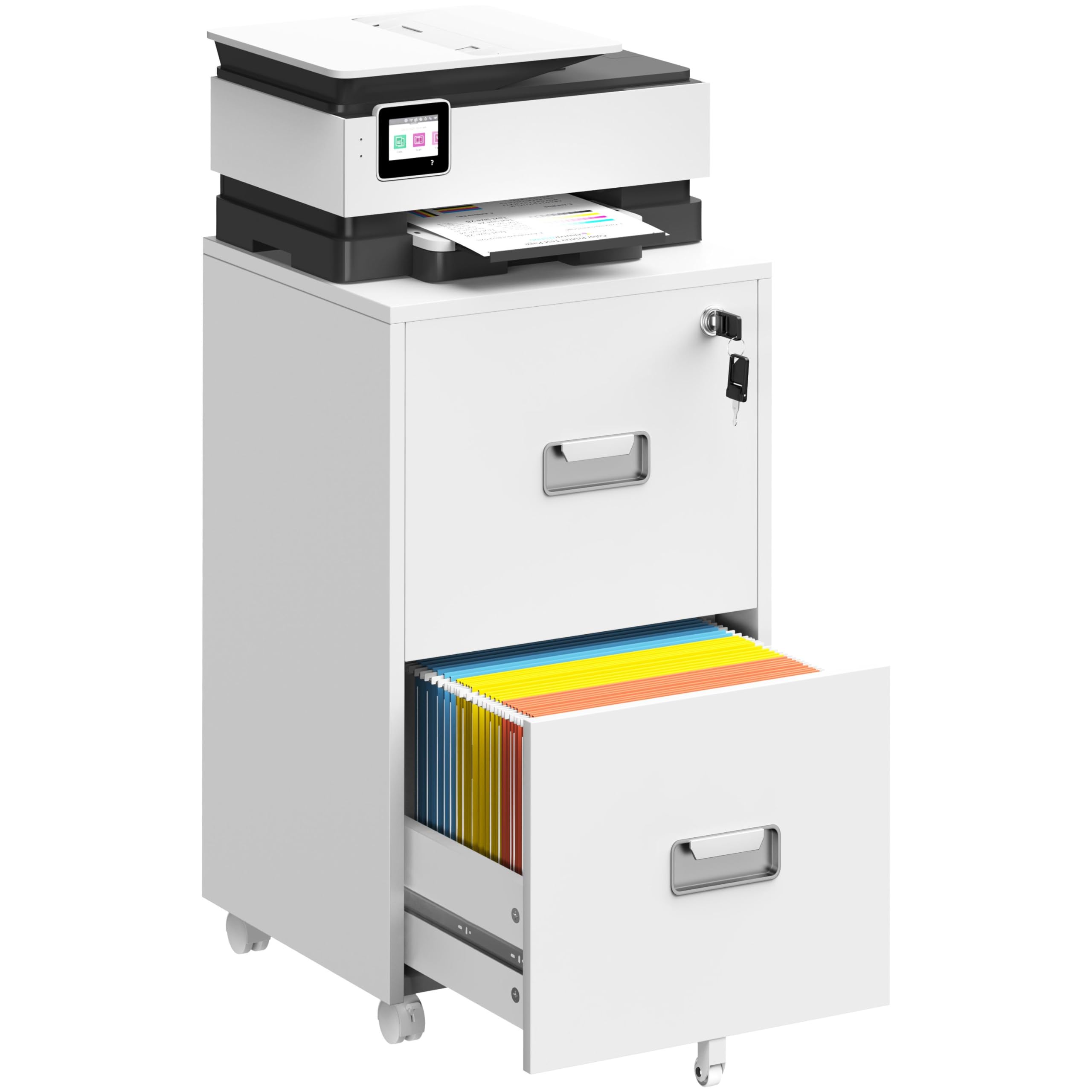 Yaheetech Schedario da Ufficio con Serratura e 2 Cassetti Bloccabili Cassettiera per Cartelle Sospese A4 Mobile Portadocumenti per Ufficio con Ruote per Studio Camera Scrivania Bianco
