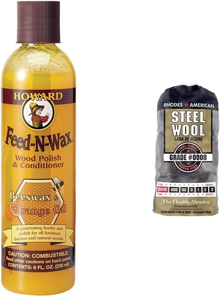 Howard Products Feed-N-Wax Wood Polish & Conditioner, 8 oz, Orange & Homax 10120000 Steel Wool, 12 pad, Grade #0000, Rhodes American, Final Finish