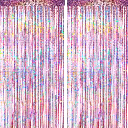 Image of 4 Packs Pink Foil Fringe Curtain, Pink Glitter Metallic Tinsel Backdrop for Birthday, Wedding, Baby Shower, Princess Bachelorette Cowgirl Party Decorations Supplies