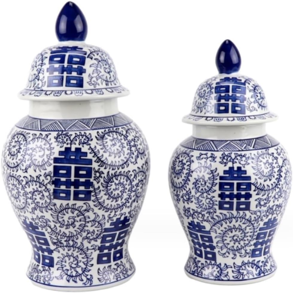 Food Storage Jar,Decorative Jar Ginger Jar Vase Decor Ceramic Vases Ginger Jar with Lid for Home Decor Blue and White Modern Double Happiness Pattern Ginger Jars Storage,A-16 * 30Cm