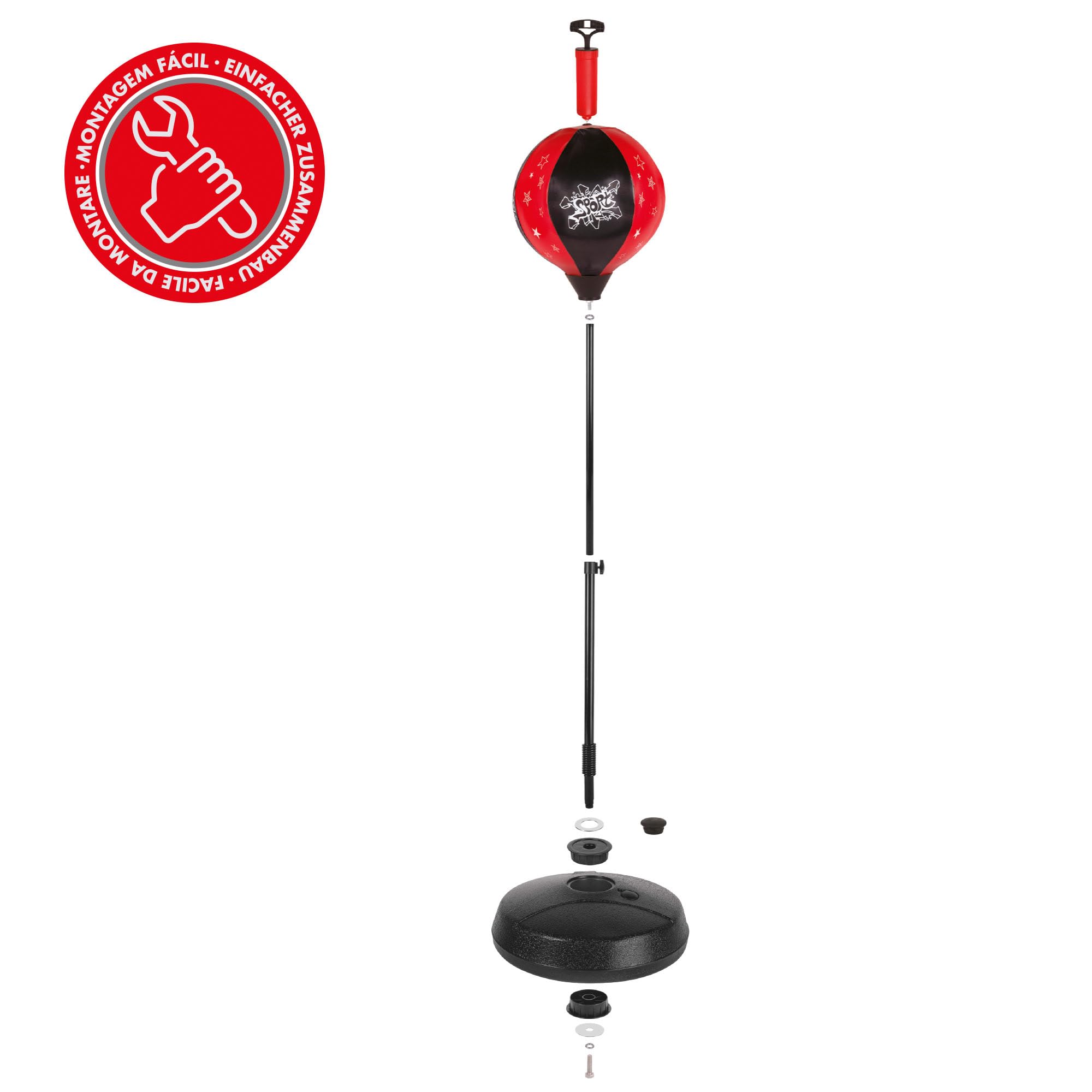 Colorbaby Set sacco boxe in piedi, palla Ø22 cm, manico regolabile 95-125 cm, base circolare stabile Ø38 cm, guanti imbottiti, gonfiatore, allenamento bambini, a partire da 3 anni (47855)