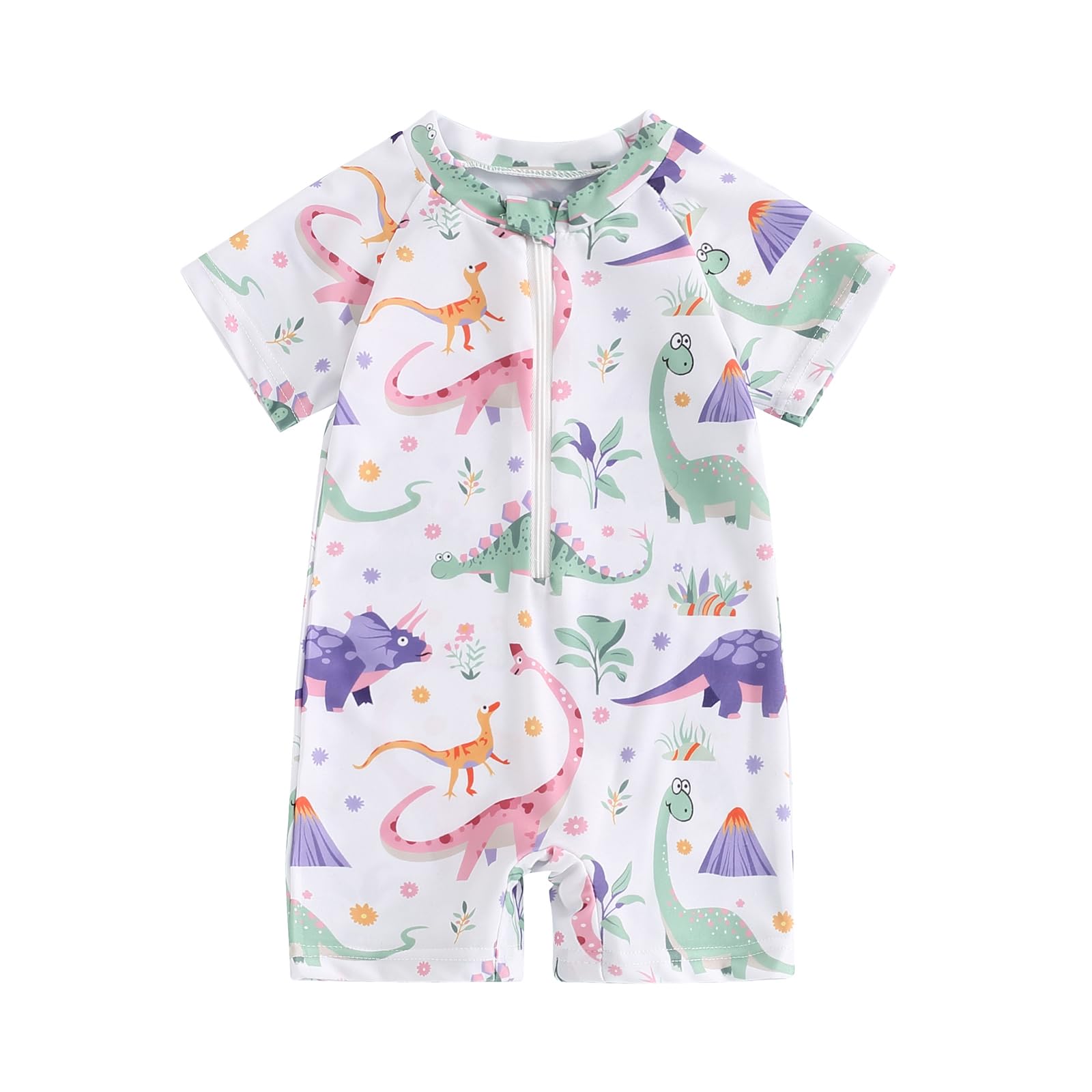 Finegoodwei Infant Baby Boy Rash Guard Swimsuit Short Sleeve Zipper Bathing Suit Toddler One Piece Swimwear (Dinosaur-White 25, 0-6 Months)