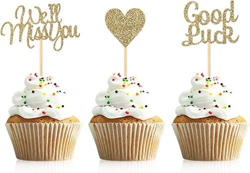 24 piezas de purpurina dorada clara We Will Miss You - Decoración para cupcakes de buena suerte, corazón para decoración de mesa de fiesta