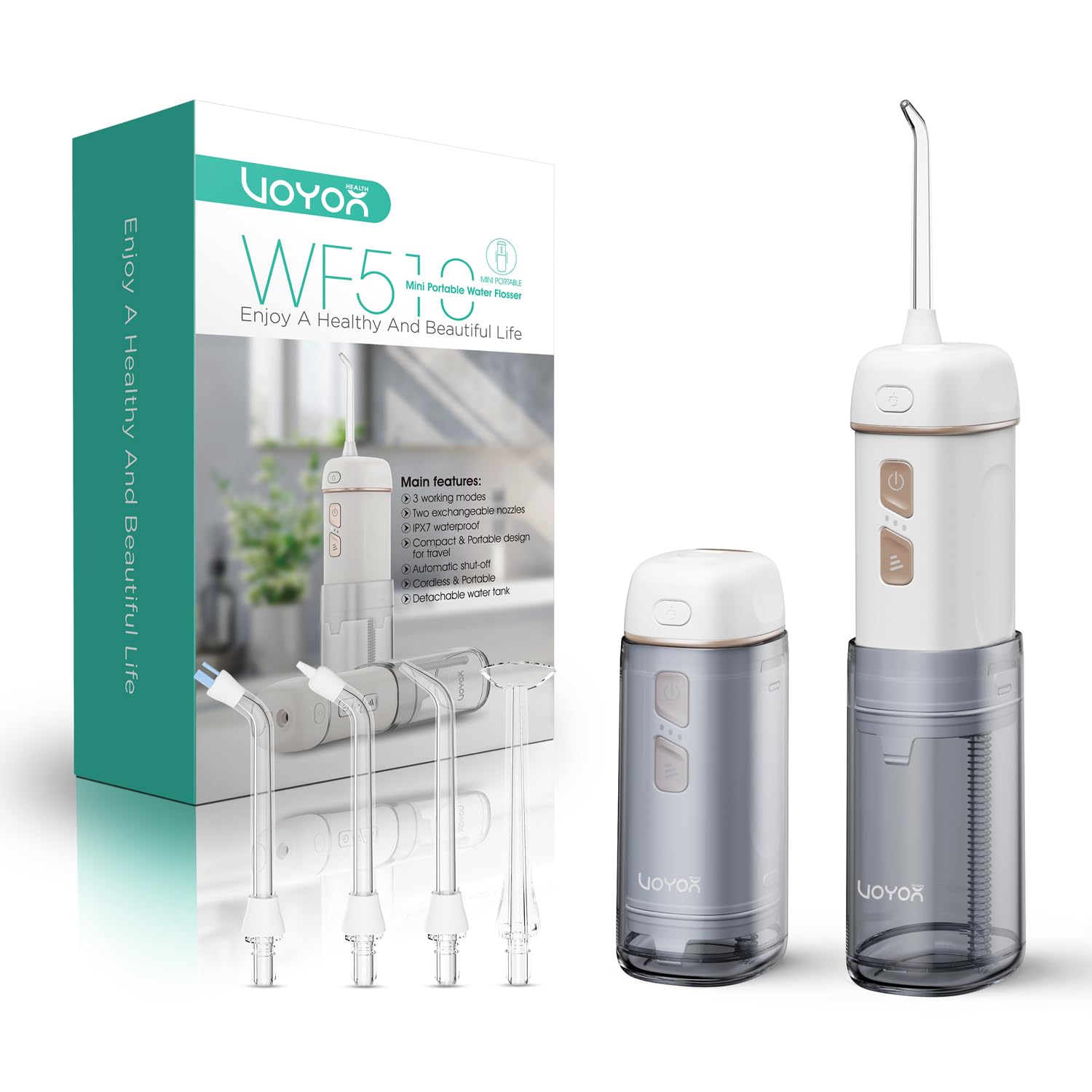 VOYOR-HEALTH Travel Water Flosser for Teeth Mini, Electric Dental Flosser Rechargeable, 3 Modes & IPX7 Waterproof, Portable Oral Irrigator Cordless for Braces Bridges Care and Home Use WF510 (Gold)