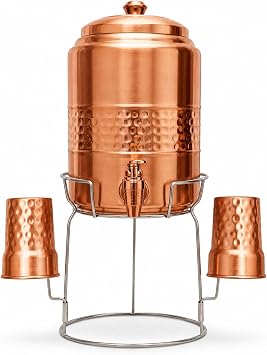 Pure Copper Water Dispenser 5 Liter with Stand & 2 Glasses | Ayurvedic Copper Jug for Healthy Drinking Water | Hammered Design | Made in India