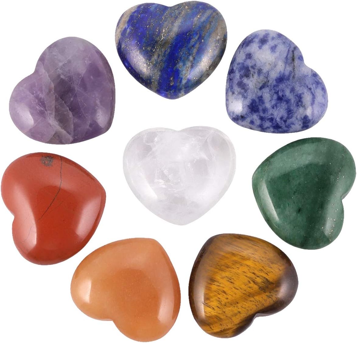 Rockcloud Healing Crystal Mixed Stones Heart Love Carved Palm Worry Stone Chakra Reiki Balancing, 0.98 inches, Pack of 8