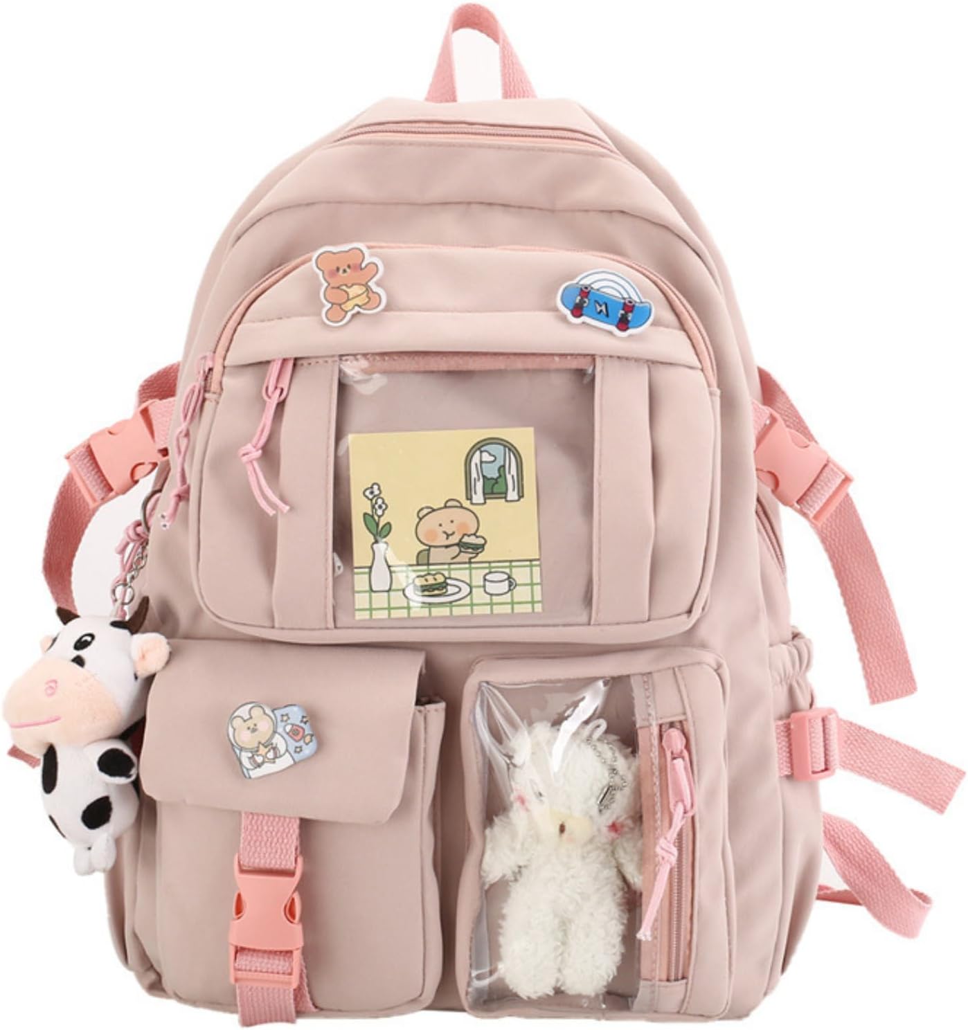 Kawaii Backpack with Cute Accessories Pin Pendant Travel Laptop Bag Large Outdoor Waterproof Casual Daypack Women (Pink)