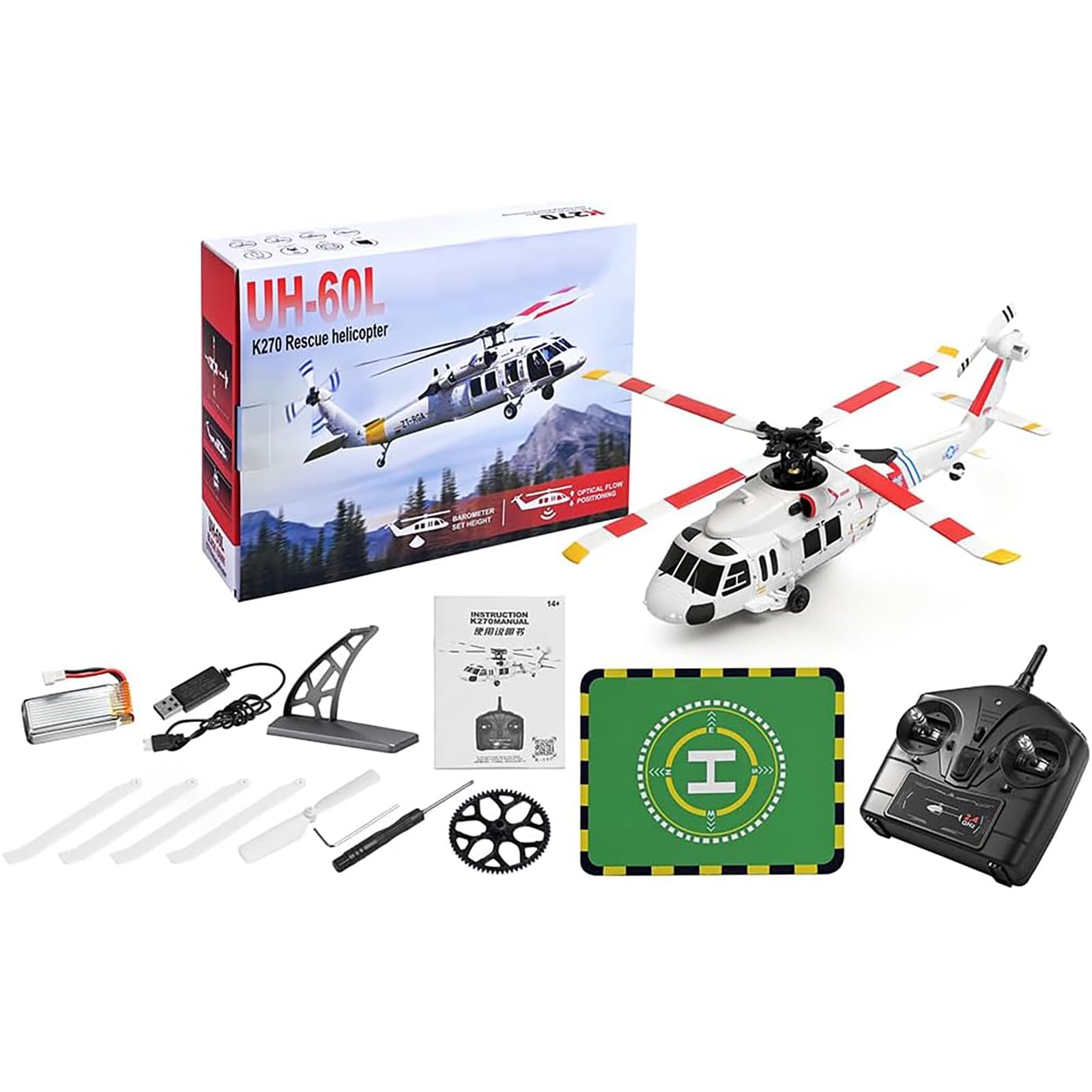 Genérico Helicóptero a Escala K270 UH-60L 2.4G 4CH Clase 170 de 4 rotores con Control Remoto de Mantenimiento altitud barométrica, posicionamiento por Flujo óptico y Acelerador Ajustable,3 Batteries