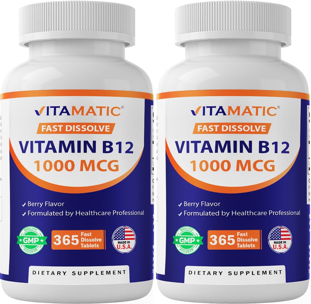 Vitamatic Vitamin B12 1000 mcg Fast Dissolve Tablets – Natural Berry Flavor – 365 Tablets per Bottle - 2 Bottles – Supports Energy Metabolism & Nervous System Health