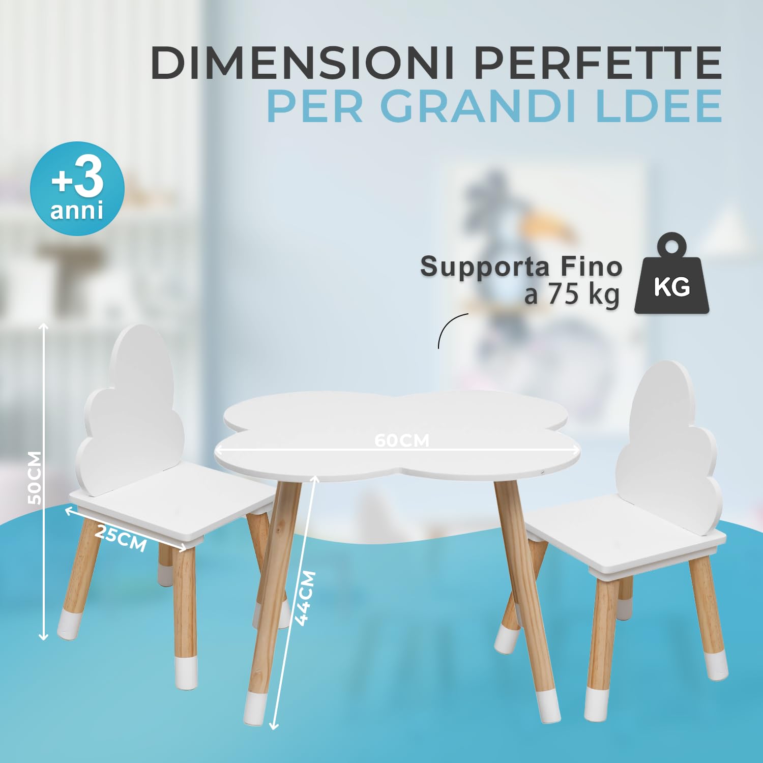 Rebecca Mobili Set Tavolino E Sedie Per Bambini, Sedie e Tavolo Arredo Cameretta Stanza Dei Giochi Bianco Marrone Chiaro, Mdf, Stile Nordico - Misure: 44 x 60 x 60 cm / 50 x 25 x 25 cm - Art. RE6733