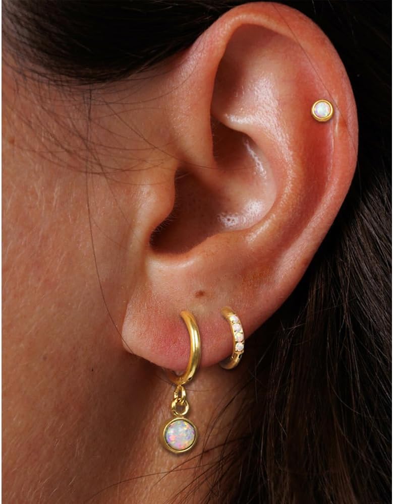 3 Pairs 14K Gold Plated Opal Earrings for Women: Dainty Opal Studs, Small Cartilage Huggie Hoops, Trendy Dangle Earrings, Hypoallergenic Gold Jewelry Set, Unique Gift for Women, Mom - Image 3