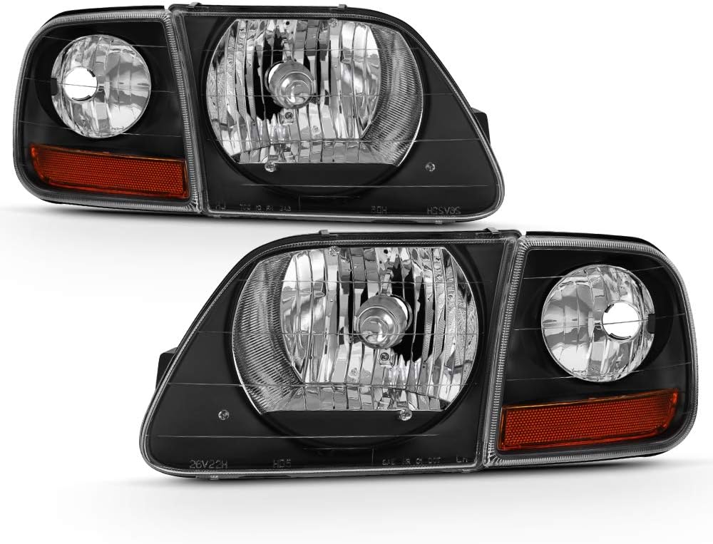ACANII - For Black 1997-2003 Ford F150 Expedition Lightning Style Headlights Headlamps w/Corner Signal Lights 4pcs Set
