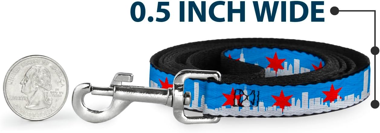 Dog Leash Chicago Skyline Flag Distressed Black White Red 6 Feet Long 1.0 Inch Wide