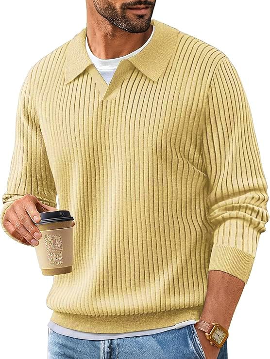 Men’s Ribbed Knit Pullover Sweater with Polo Collar – Soft Wool Blend, Full Sleeve, Casual Slim Fit Jumper for Winter & Fall-picture-57