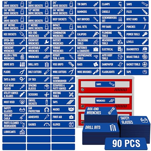 90 PCS Magnetic Toolbox Labels, 82 Pre-Printed & 8 Blanks Large Size Tool Chest Organizer Labels Strong Magnetic & Easy to Read Printing Fits All Brands of Steel Tool Box Drawers (Blue, 3.5” x 1”)