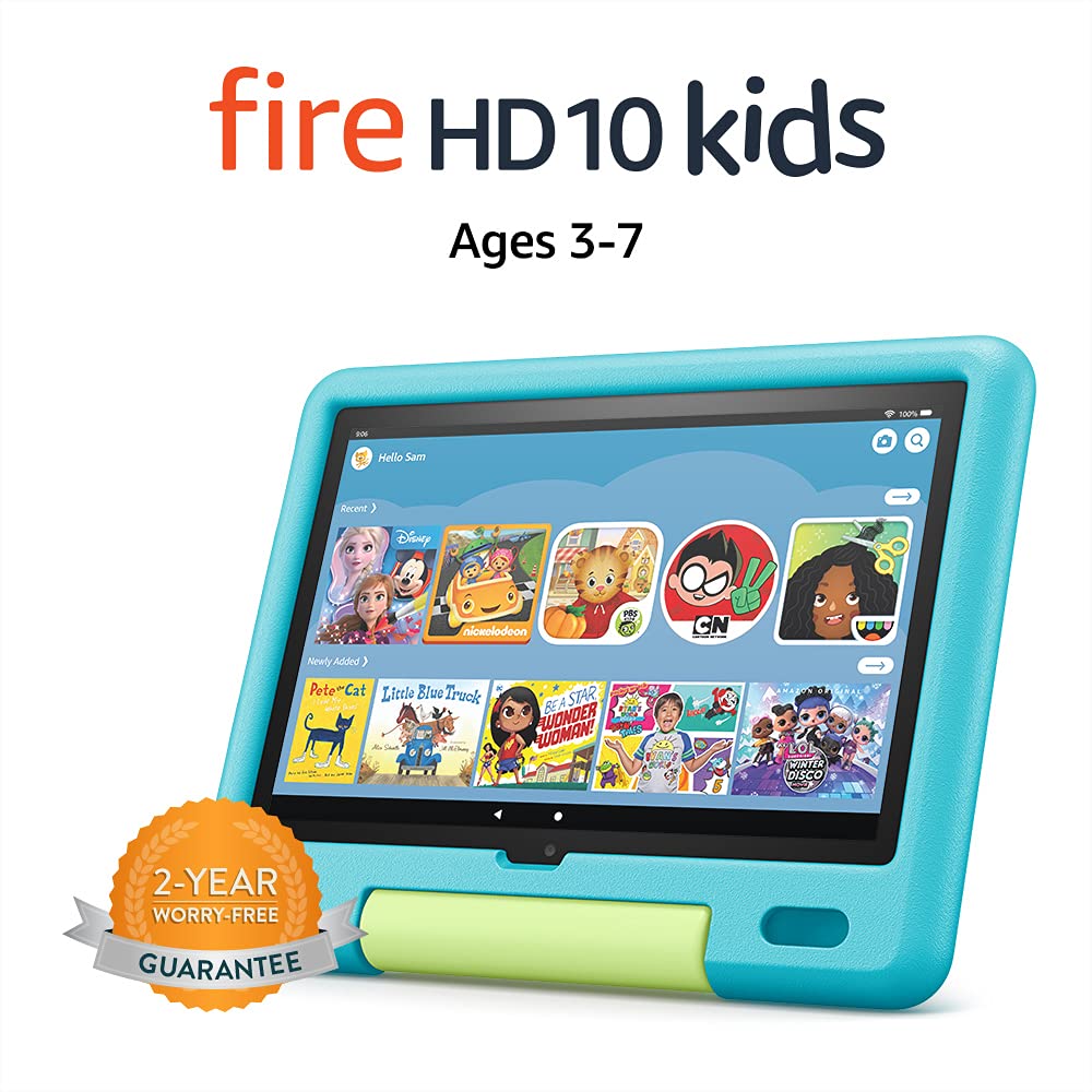 Amazon Fire HD 10 Kids tablet, 10.1", 1080p Full HD, ages 3–7, 32 GB, Aquamarine