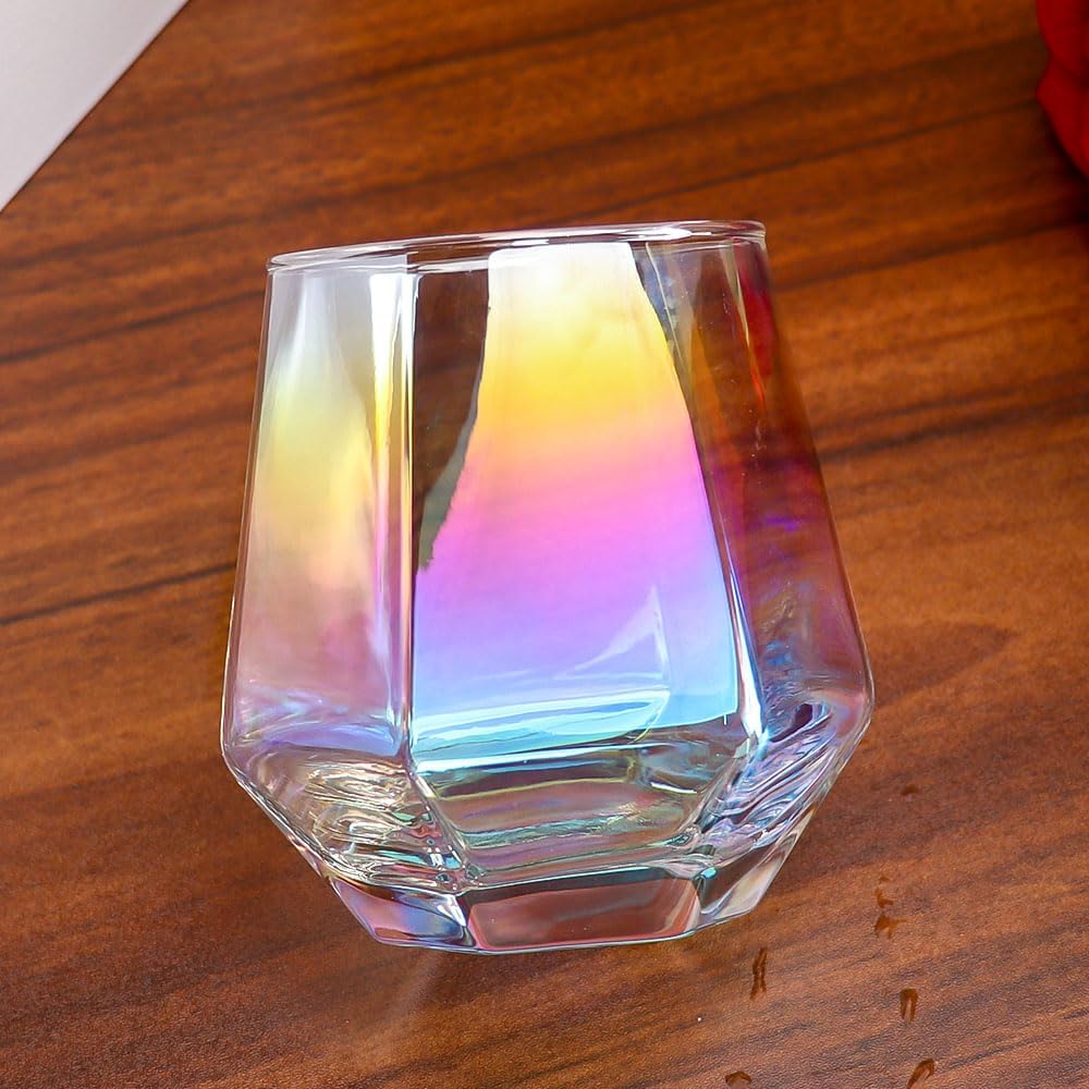 Gutsdoor Stemless Wine Glasses Set of 4, 10 OZ Diamond Shaped Wine Glasses, Iridescent Glassware Engagement Wedding Gifts