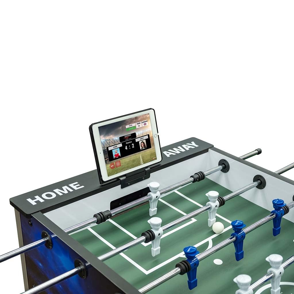 Carromco Kickertisch Evolution-XT | Profi Tischkicker mit App-Funktion | PROFI-TISCHFUSSBALL: Blauer Kicker (60kg) für Fortgeschrittene. Inkl. Tablet-Halter, interaktiver App & 2 Kickerbällen