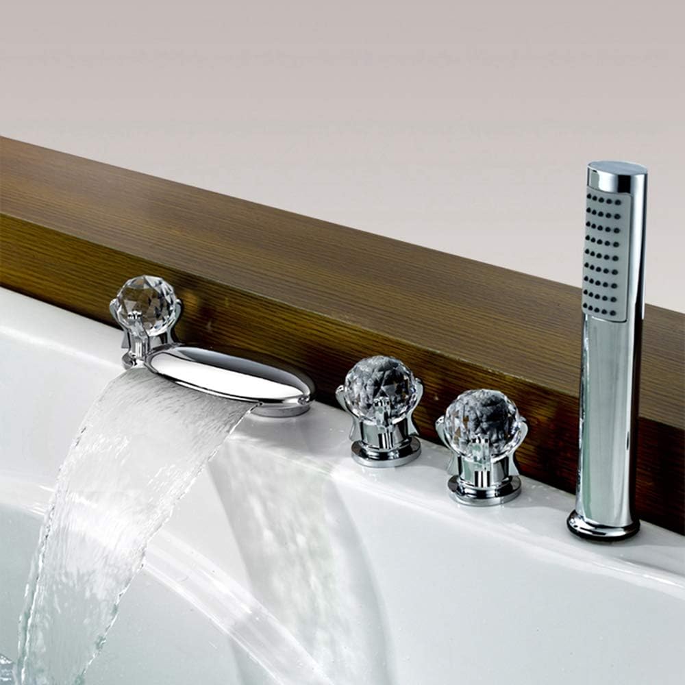 LightintheboxTub Deck Mount Faucet Brushed Nickel Waterfall Tub and Shower Faucet Set Bathtub Faucet Three Handles Five Holes Bathroom Lavatory Rain Shower Fixture Waterfall Tub Filler Bathtub Faucet