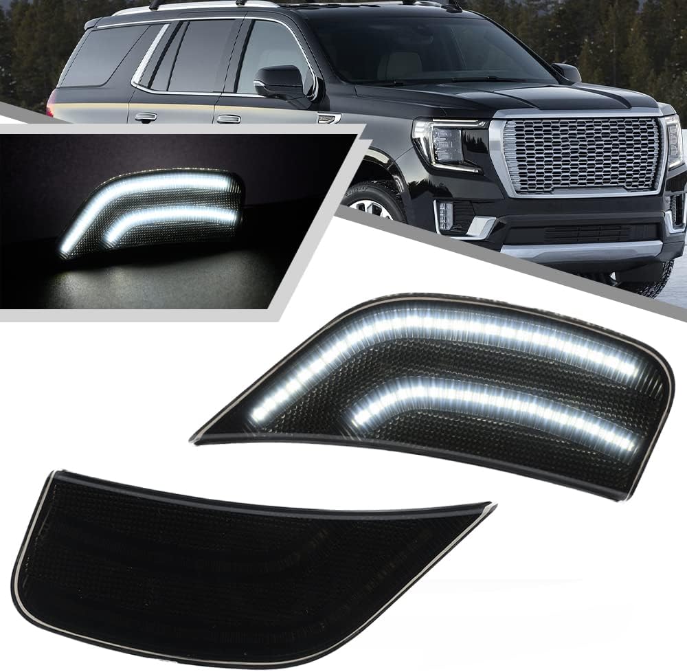 2Pcs Whiet LED Side Marker lights for 2021 2022 GMC Yukon Yukon XL Chevy Suburban Tahoe Escalade ESV Front Fender Indicator Turn Signal Light Replace OEM Sidemarker Lamp Smoked Lens OEM#84776452