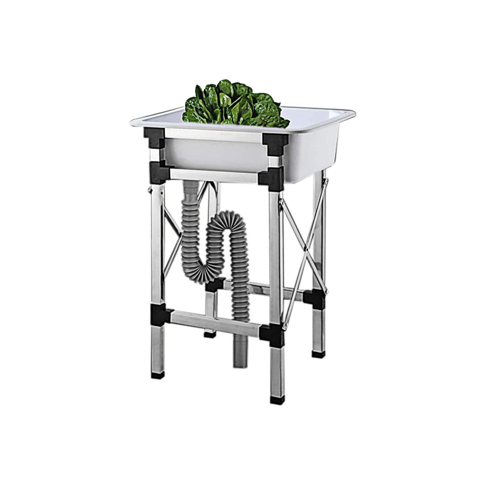 Fregadero de Exterior con Soporte Plegable de Acero Inoxidable, Fregadero Individual de plástico Blanco Independiente para Camping y jardín (50,5 x 34,5 x 75 cm)
