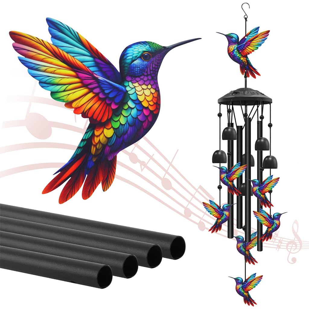 HASTHIP® 30 inch Hummingbird Wind Chimes for Outside, Black Metal Windchimes Outdoors, Hummingbirds Gifts for Women/Men, Garden/Yard Decor, Memorial/Birthday Gifts, Durable Chimes for Outdoors-Rainbow-picture-21