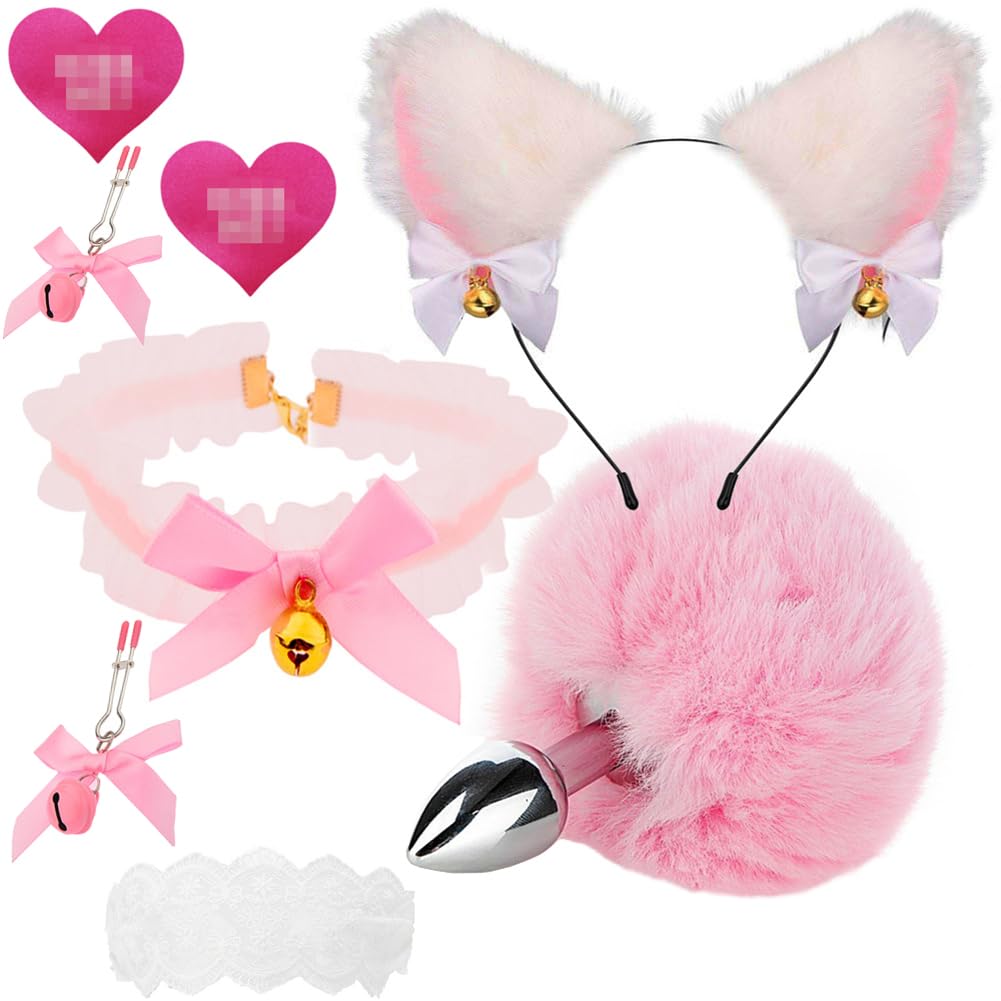 Fox Animal Costume Set Furry Ear Headband Bunny Fox Tail Anal Plug Lace Choker Necklace Nipple Breast Clamp Clip Cat Claw Socks Valentines Day Cosplay