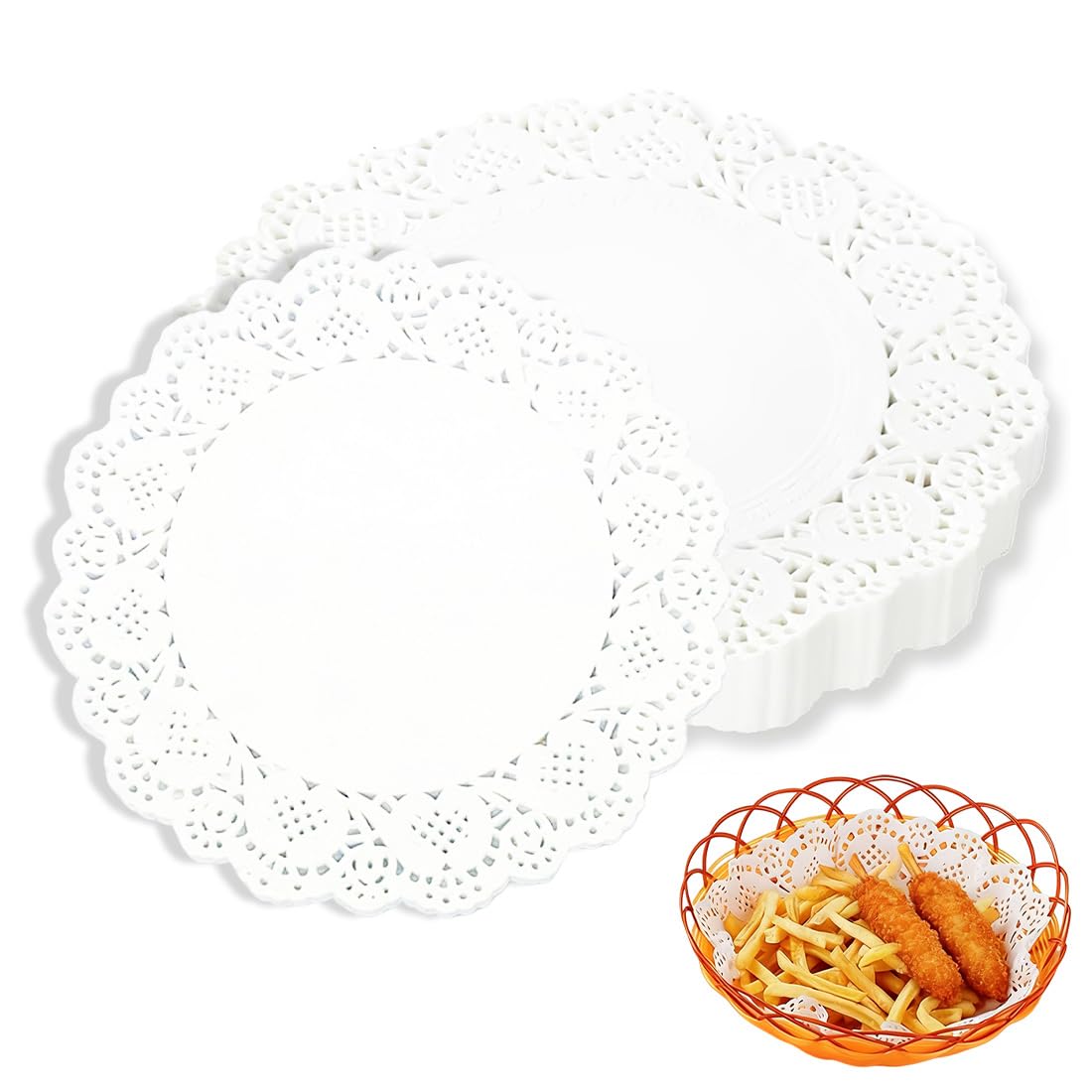 150 fogli di carta oleata, adatta per cibi fritti e snack, per uso alimentare, assorbente, con bordi smerlati, bianca, ideale per dessert e pasti principali, diametro 11,5 cm.