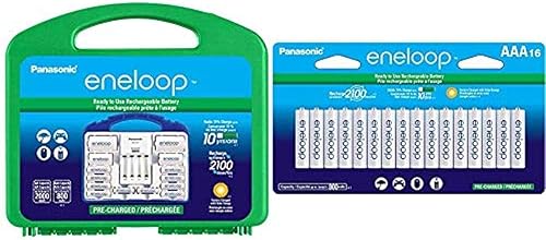 Eneloop Panasonic K-KJ17MCC82A - Cargador de 4 posiciones con 2 pilas AAA y 8 pilas AA y 2 espaciadores C y 2 D y Panasonic BK-4MCCA16FA AAA 2100