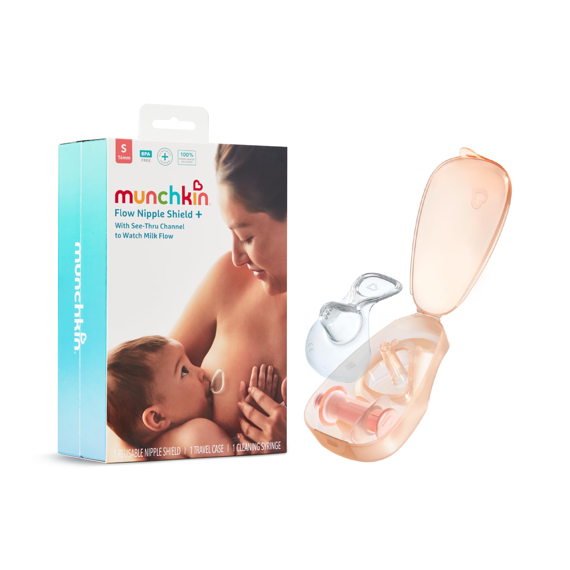 Munchkin Flow Breastfeeding and Latch Monitor | Nipple Shield for Newborn with See-Thru Channel to Check Milk Flow, Breastfeeding Essentials and Nursing Support for Mum | Silicone | 16mm
