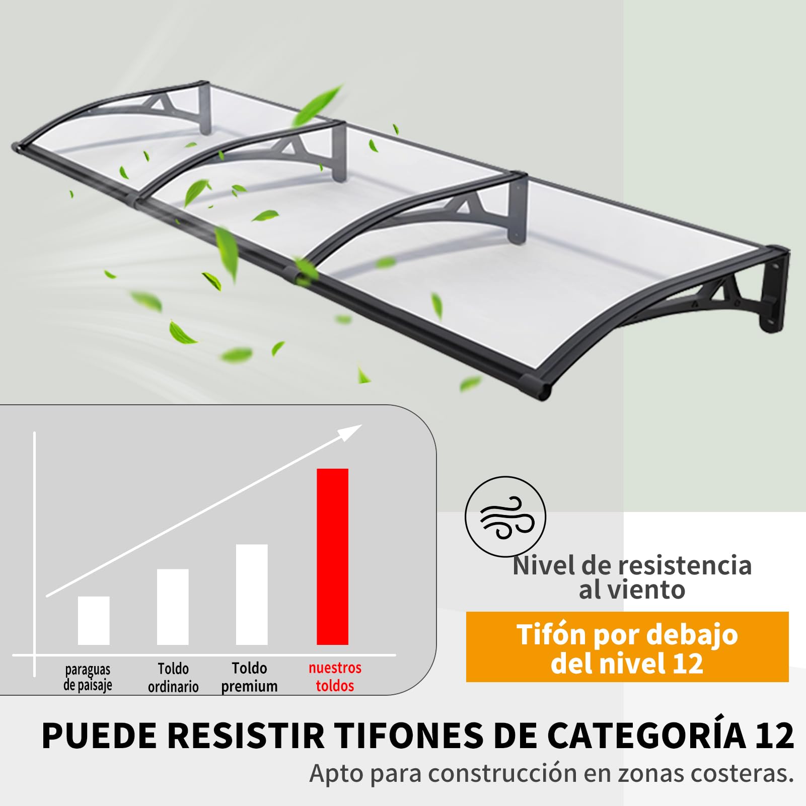Marquesina Puerta Exterior, Marquesina para Puerta de Entrada, Toldo Exterior de Policarbonato y Aluminio, Protección contra Lluvia, Nieve y Sol, Fácil Instalación(80×160cm)