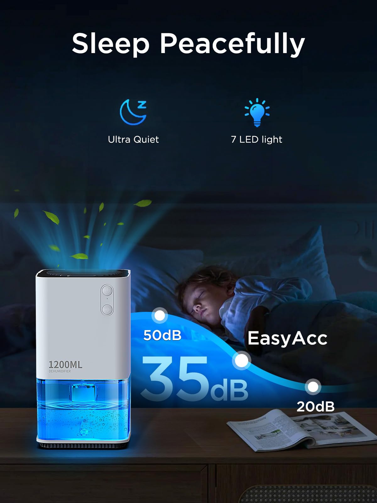 EasyAcc®1200ml Deumidificatore Casa AntiMuffa Piccolo Deumidificatore Portatile Elettrico Silenzioso 35db-Autosbrinamento-Riciclabile-7 Luci-Professionale per Camera Armadio Bagno
