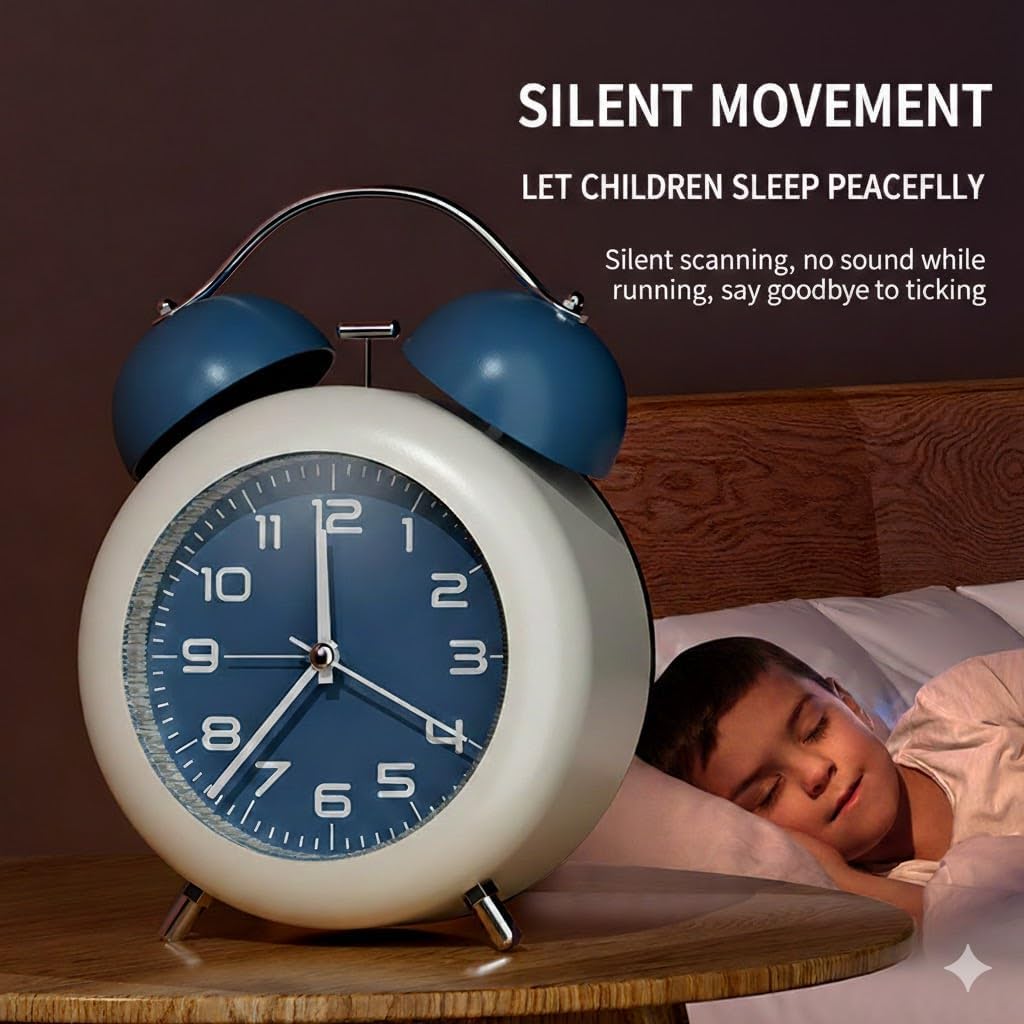 Netora Analog Twin Bell Alarm Clock with Silent Sweep Movement, Metal Bell Design, Sky Blue, Tabletop Use (Blue) 2