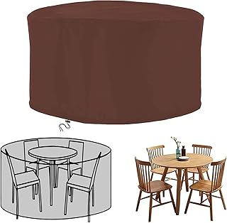 Funda redonda impermeable para mesa de jardín, 110 x 130 cm, protector de muebles de ratán 420D, material Oxford 420D, resistente al viento, anti rayos UV, resistente al desgarro, color marrón