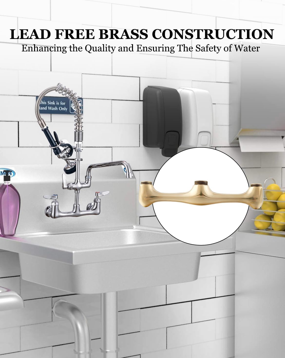 NSF/ANSI 61 Certified 8" Lead-Free 23" Height Commercial Sink Faucet with Sprayer Wall Mount, 3 Compartment Sink Faucet with 8" and 12" Add-on Swing Spout for Kitchen/Restaurant/Utility Sinks