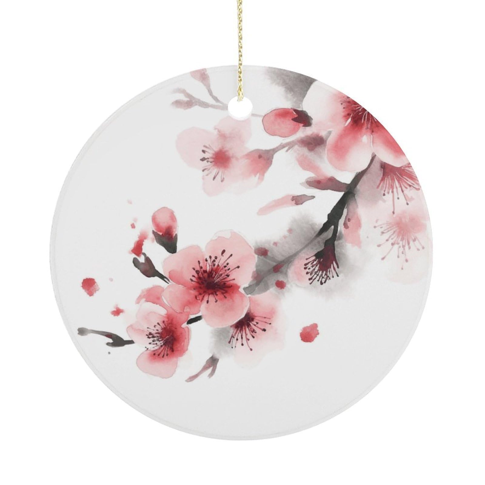 Asian Watercolor Pink Cherry Florals Christmas Ornaments Colorful Round Ceramic Ornament Christmas Hanging Decor Christmas Tree Decorations Xmas Keepsake for Women Men Xmas Holiday Party