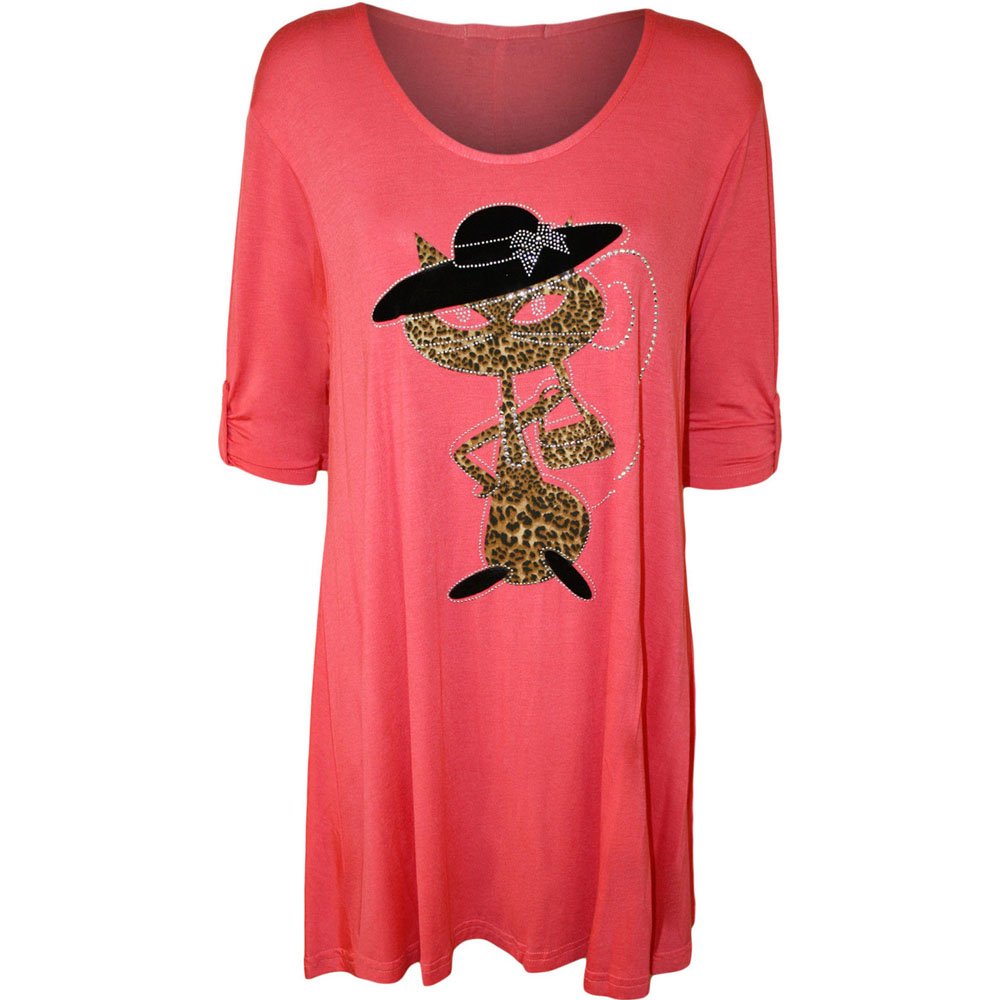 GOSTYLES® Womens Cat Animal Print Diamante Flared Tunic Top, Ladies Short Sleeve Round Neck Sparkly Blouse (Coral, 20)