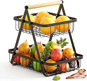Fruteira Cesto de Mesa Dupla 2 Andares em Metal com Alça de Madeira Desmontável Organizador de Frutas Bancada Cozinha Moderna Compacta Resistente Porta Frutas Decorativa Preta 24,5cm