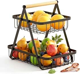 Fruteira Cesto de Mesa Dupla 2 Andares em Metal com Alça de Madeira Desmontável Organizador de Frutas Bancada Cozinha Moderna Compacta Resistente Porta Frutas Decorativa Preta 24,5cm