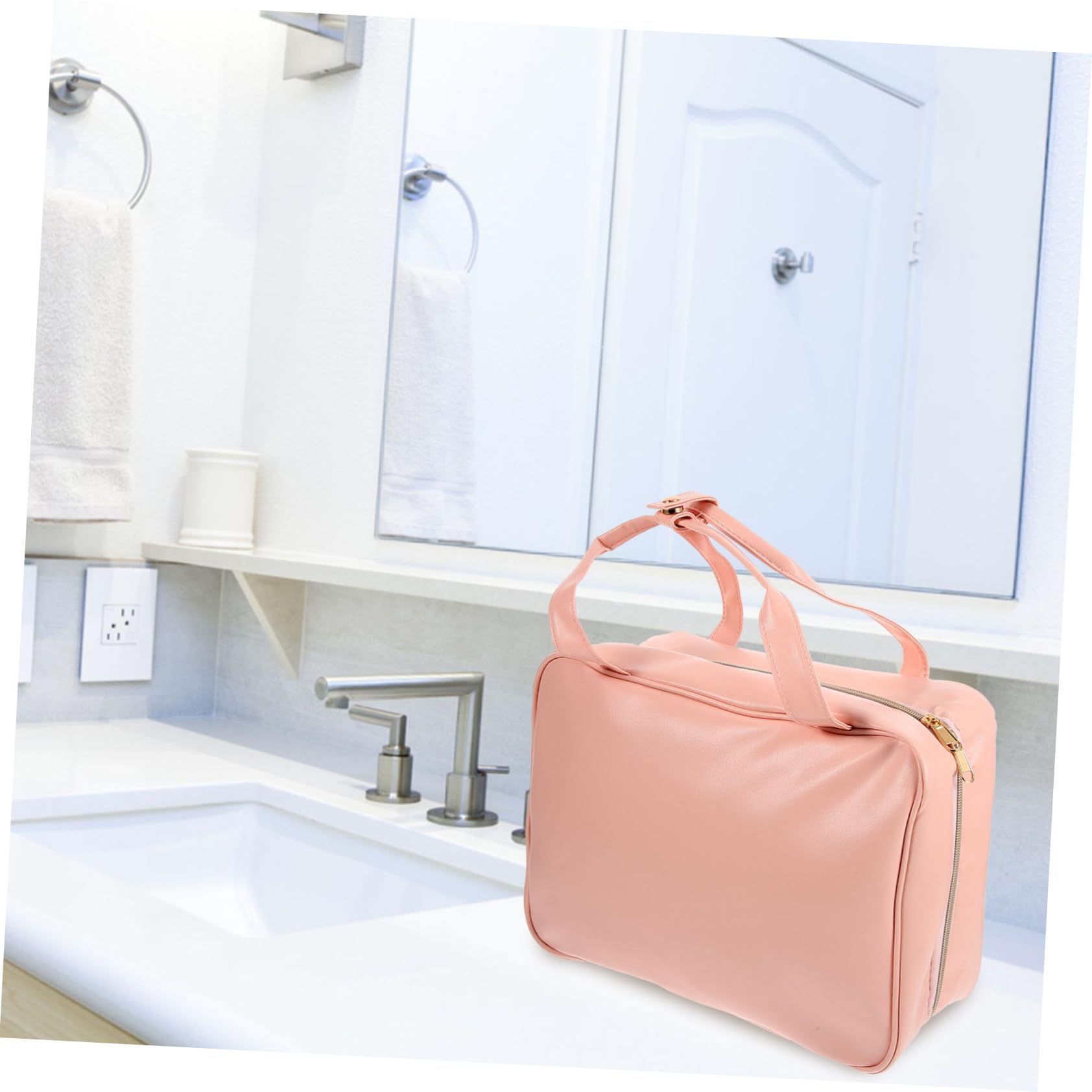 Borsa da Viaggio per Toilette Design Sospeso, Rosa in Pu | Organizer Capiente Scomparti Multipli e Tasche, Manico Integrato, Stile Raffinato per Spostamenti