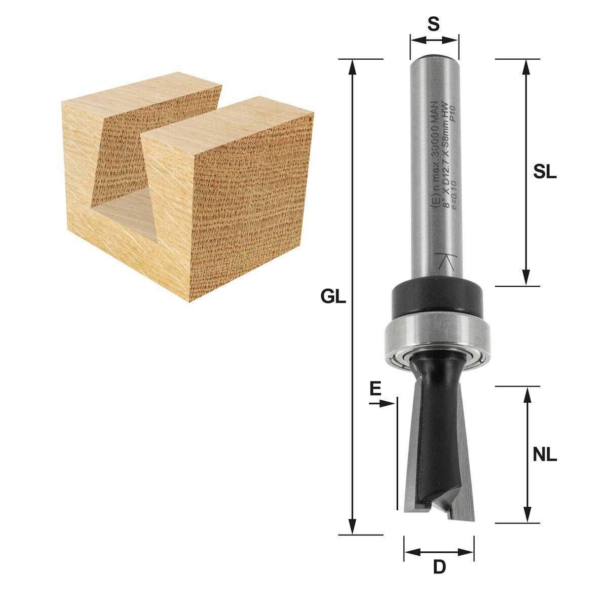 ENT 11706 Fresa para cola de milano, en carburo compatible con la plantilla de cola de milano Milescraft, con KL 15,87 mm, Diámetro (D) 12,7 mm, E 8°, NL 19,05 mm, S 8 mm, SL 38 mm