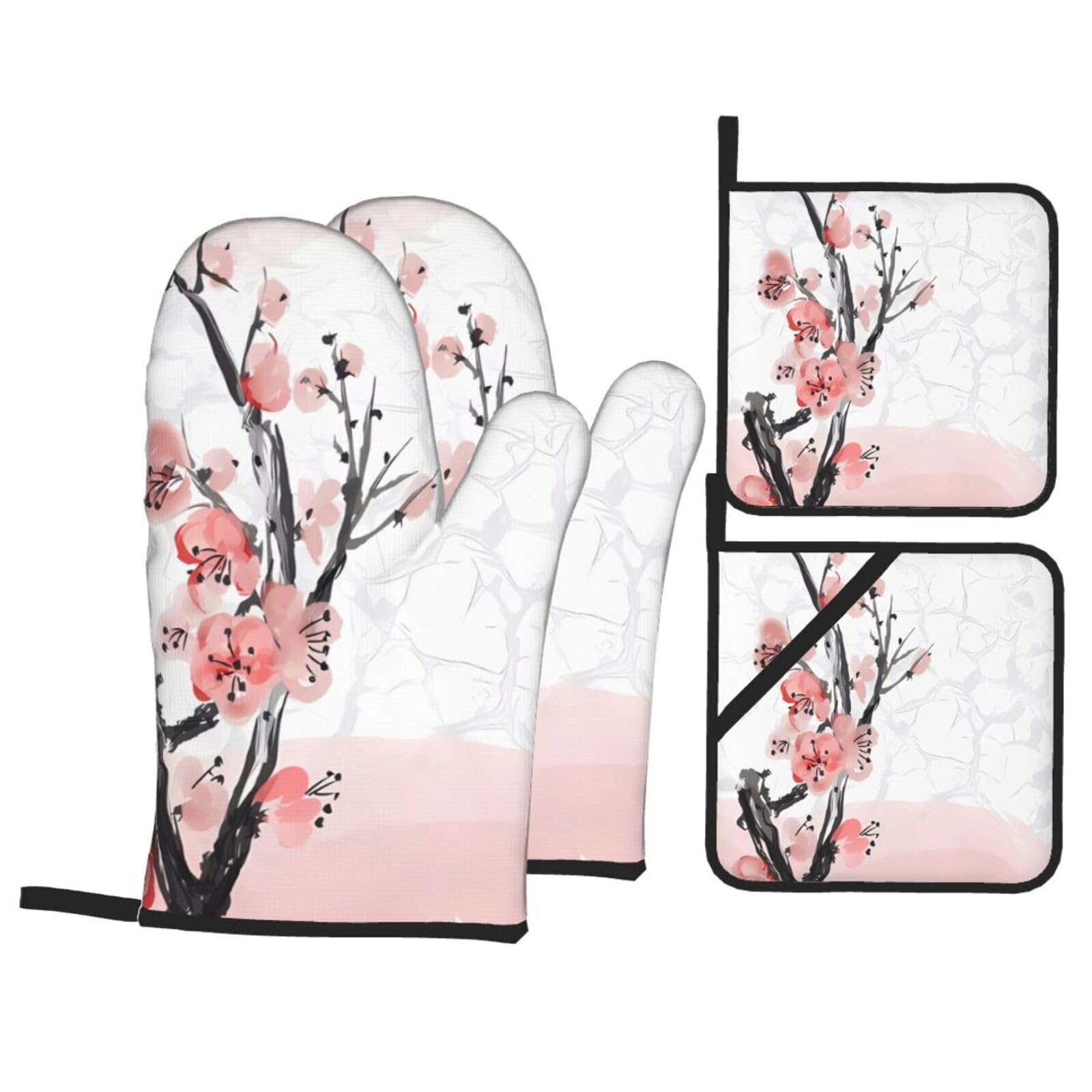 HJFCZH Cherry Blossom Tree Branch Prints Kitchen Throw Set: Durable Oven Layers with Waterproof Polyester – 4 Piece Heat Protection System
